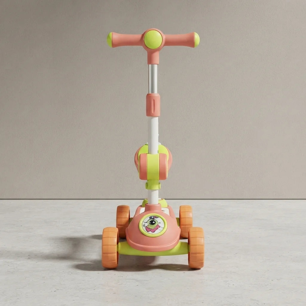 Front view of coral and lime kids scooter showing wheels and handlebar