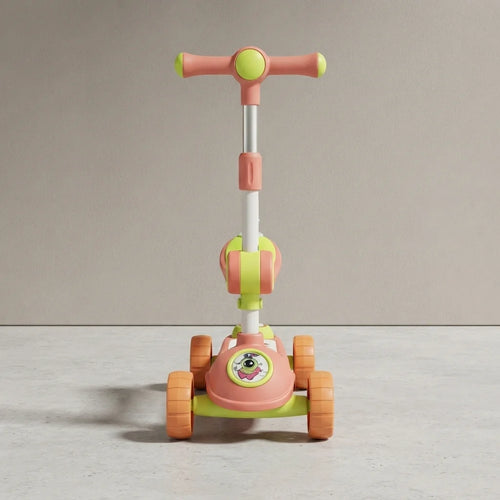 Front view of coral and lime kids scooter showing wheels and handlebar