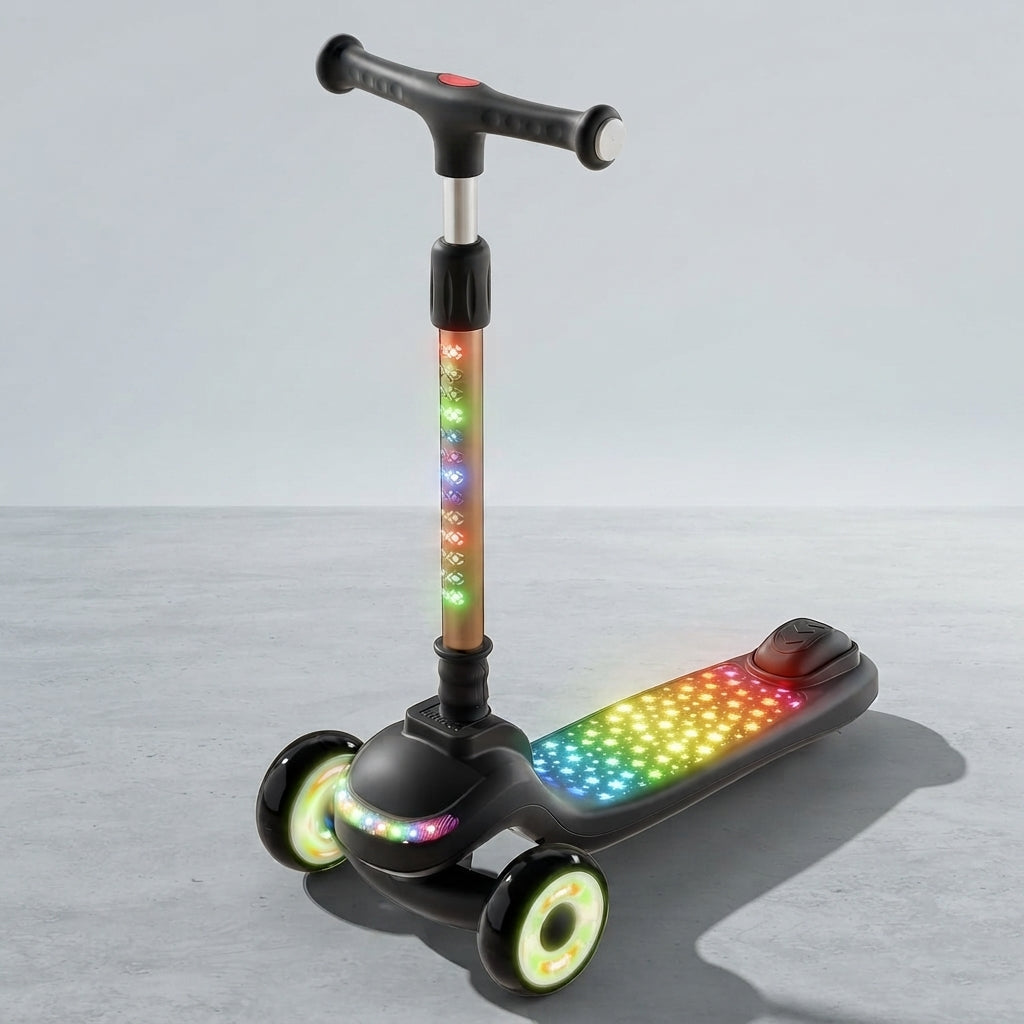  Angled view of kids scooter with illuminated lights and stable 3-wheel base