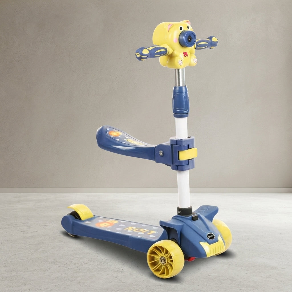 Angled view of navy kids scooter with cat handlebar