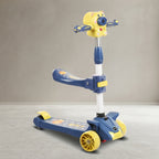 Angled view of navy kids scooter with cat handlebar