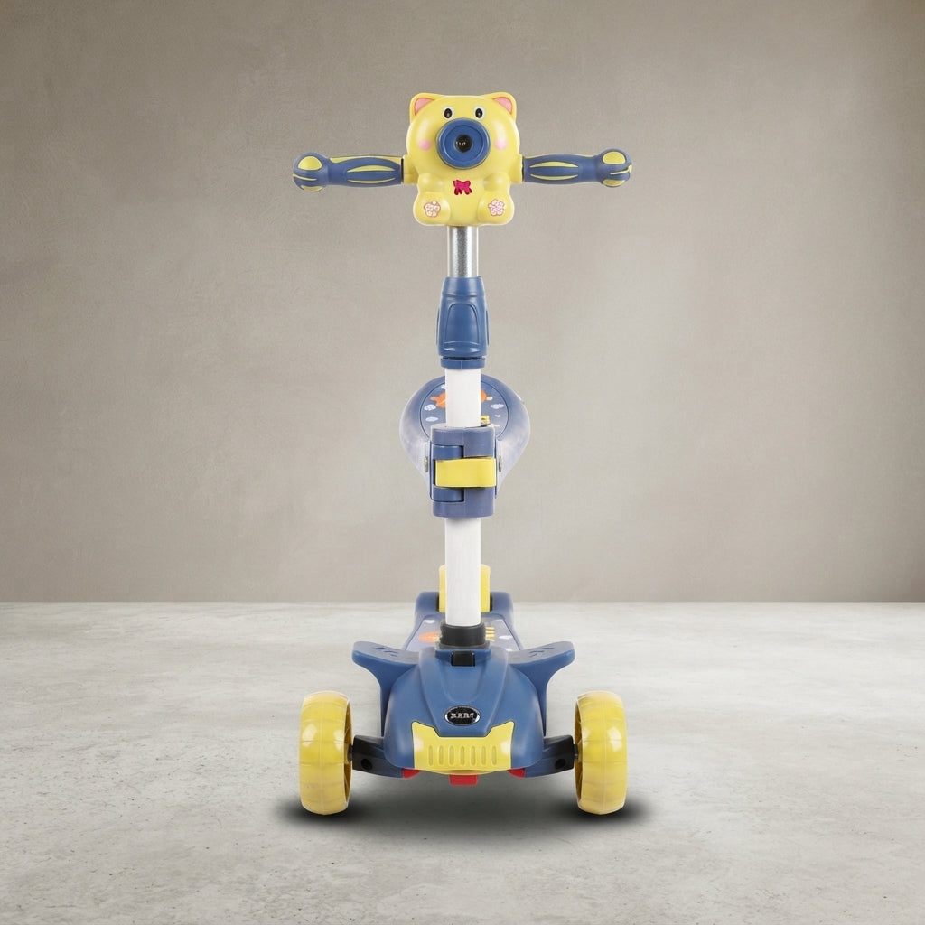 Navy blue and yellow kids scooter with cat-face design, front view