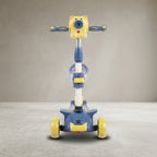Navy blue and yellow kids scooter with cat-face design, front view