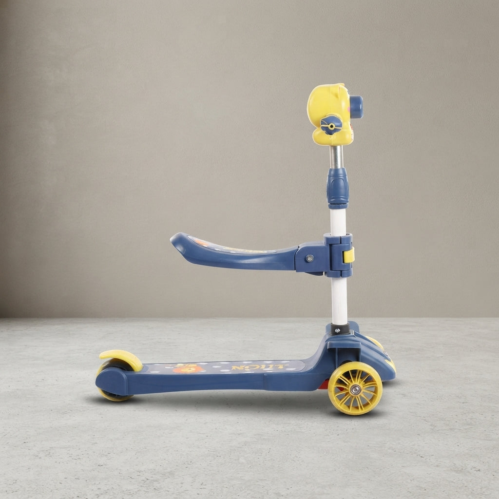 Side view of cat-design kids scooter with yellow wheels