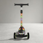 Front view of kids 3-wheel scooter with LED flashing wheels and black deck