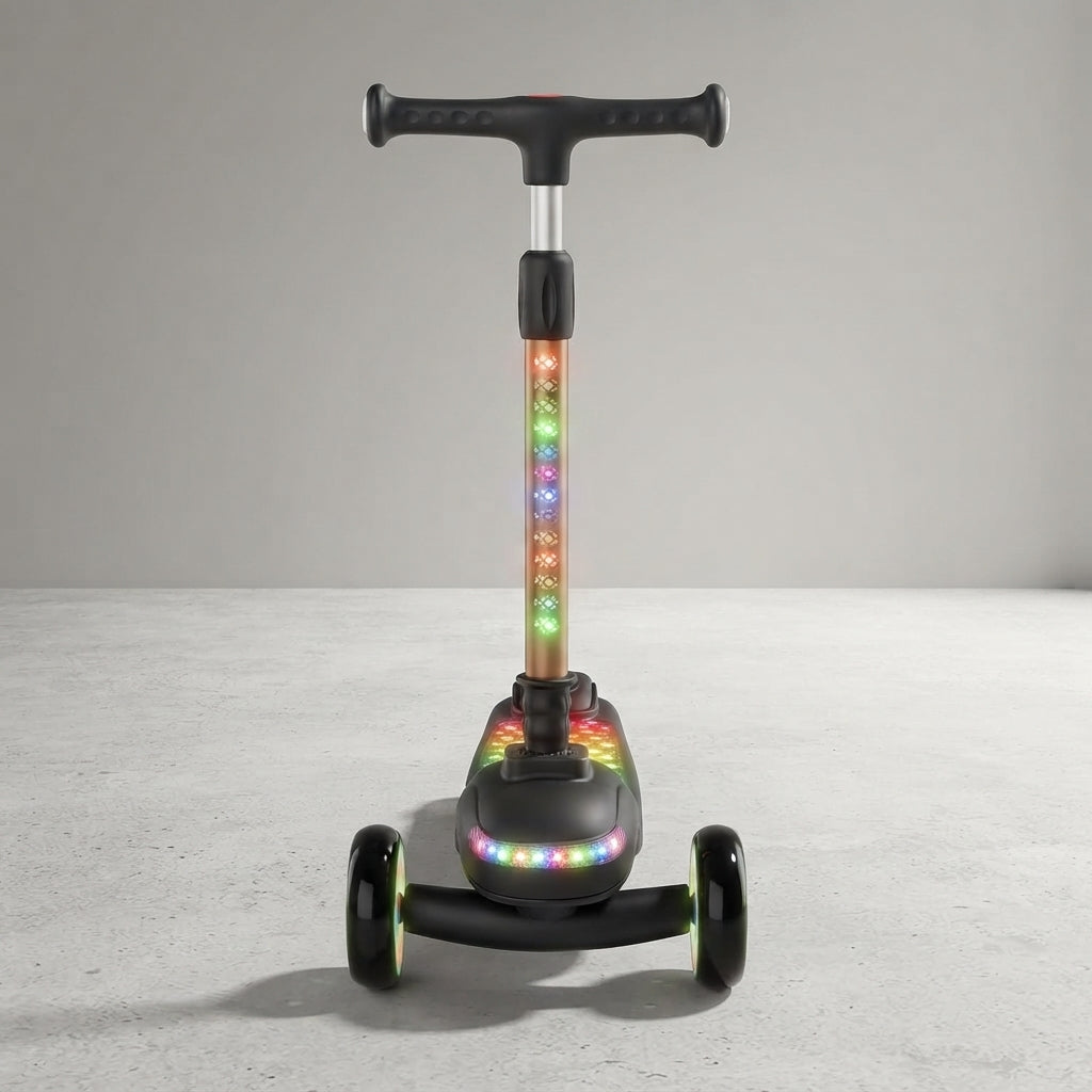 Front view of kids 3-wheel scooter with LED flashing wheels and black deck