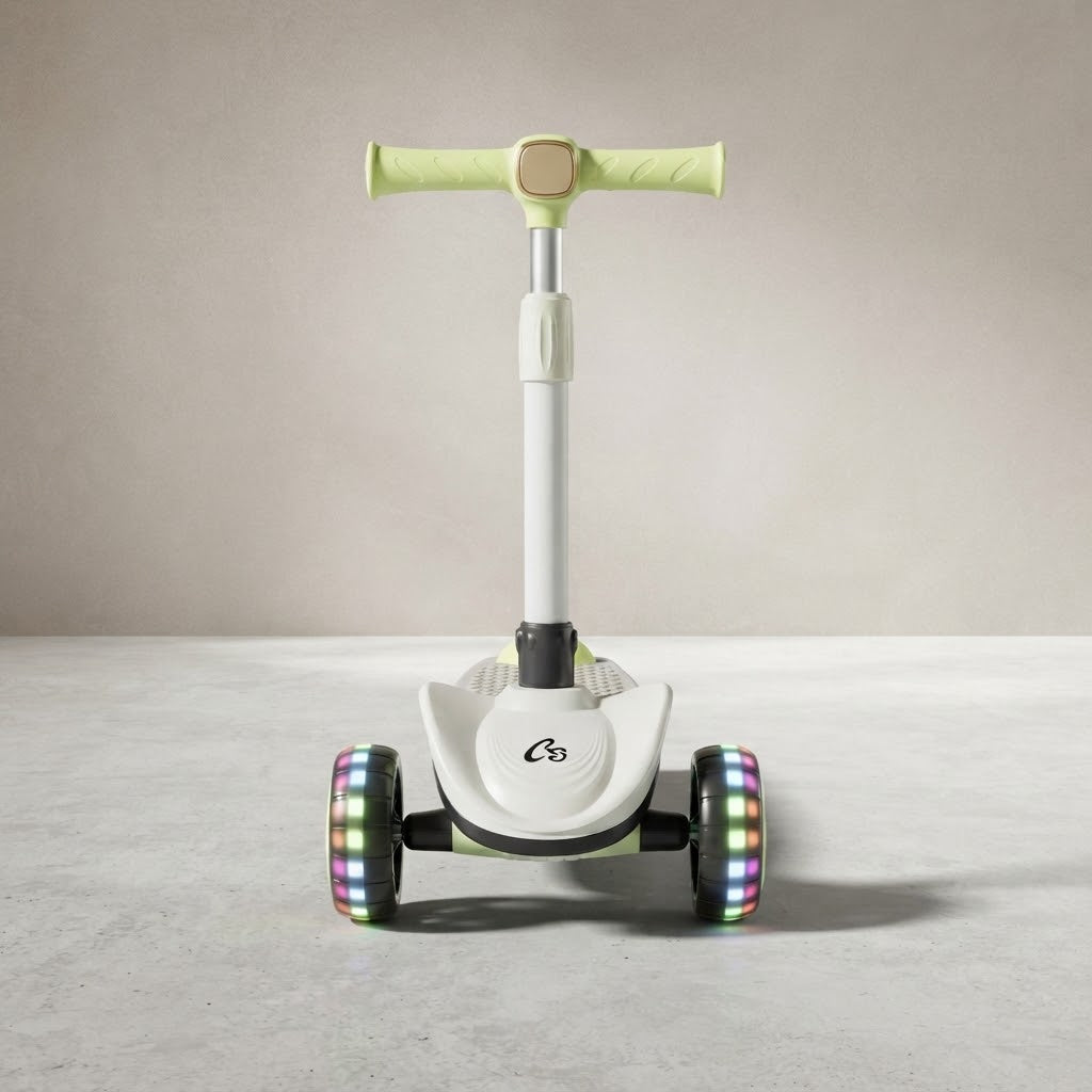Front view of lime green scooter showing LED light-up rear wheels