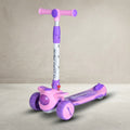 Pink and purple 3-wheel kids scooter with light-up wheel, angled view