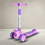 Pink and purple 3-wheel kids scooter with light-up wheel, angled view