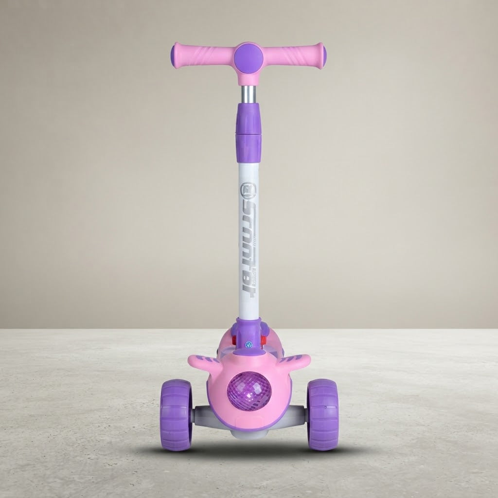 Front view of pink kids scooter with T-bar handlebar