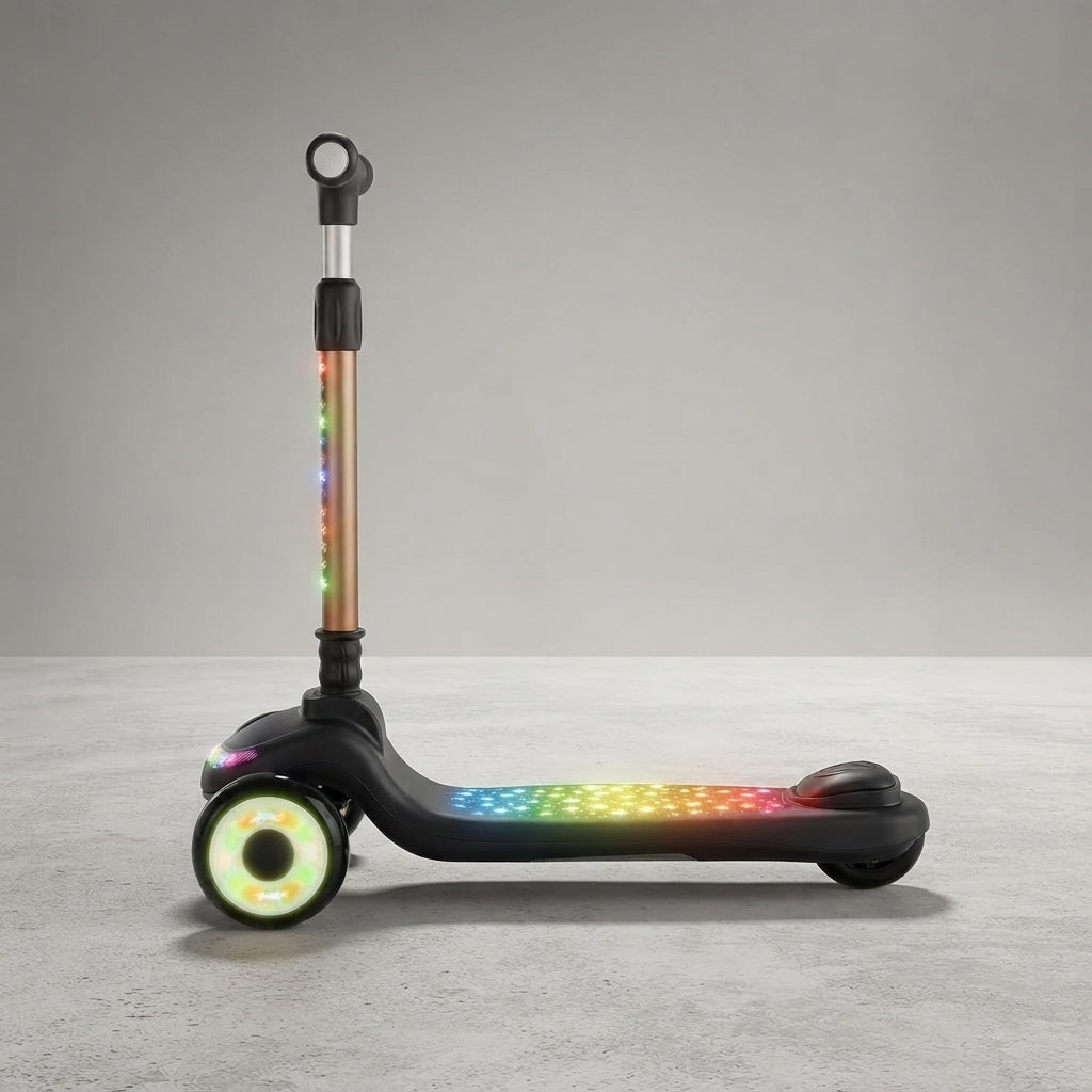  Side profile view of kids scooter showing glowing deck and adjustable T-bar