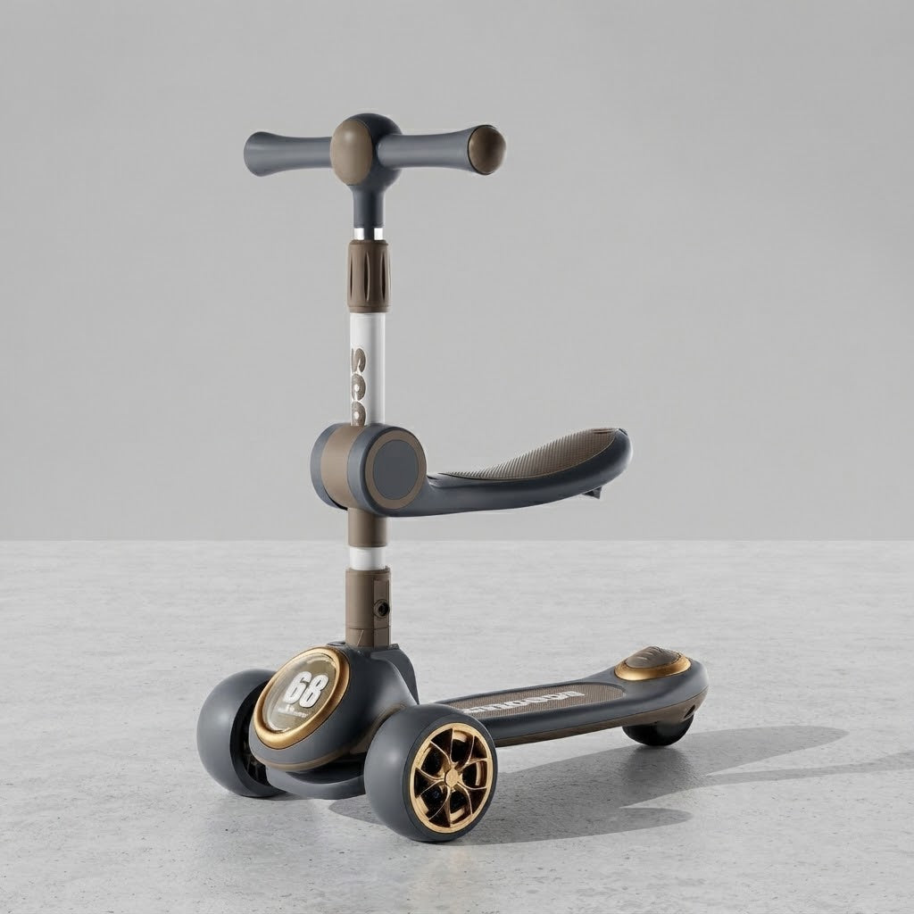 Dark grey and gold 3-in-1 kids scooter with seat, angled view