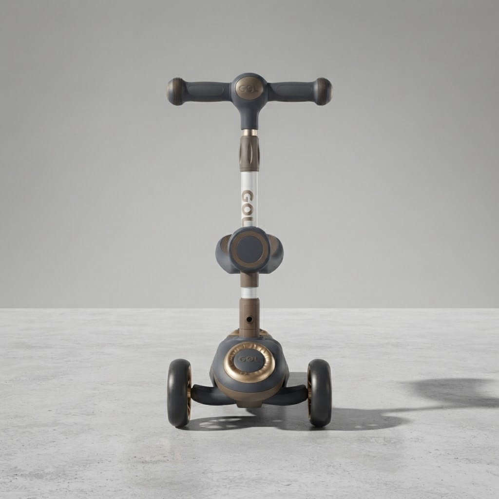 Front view of grey and gold kids scooter with adjustable handlebar