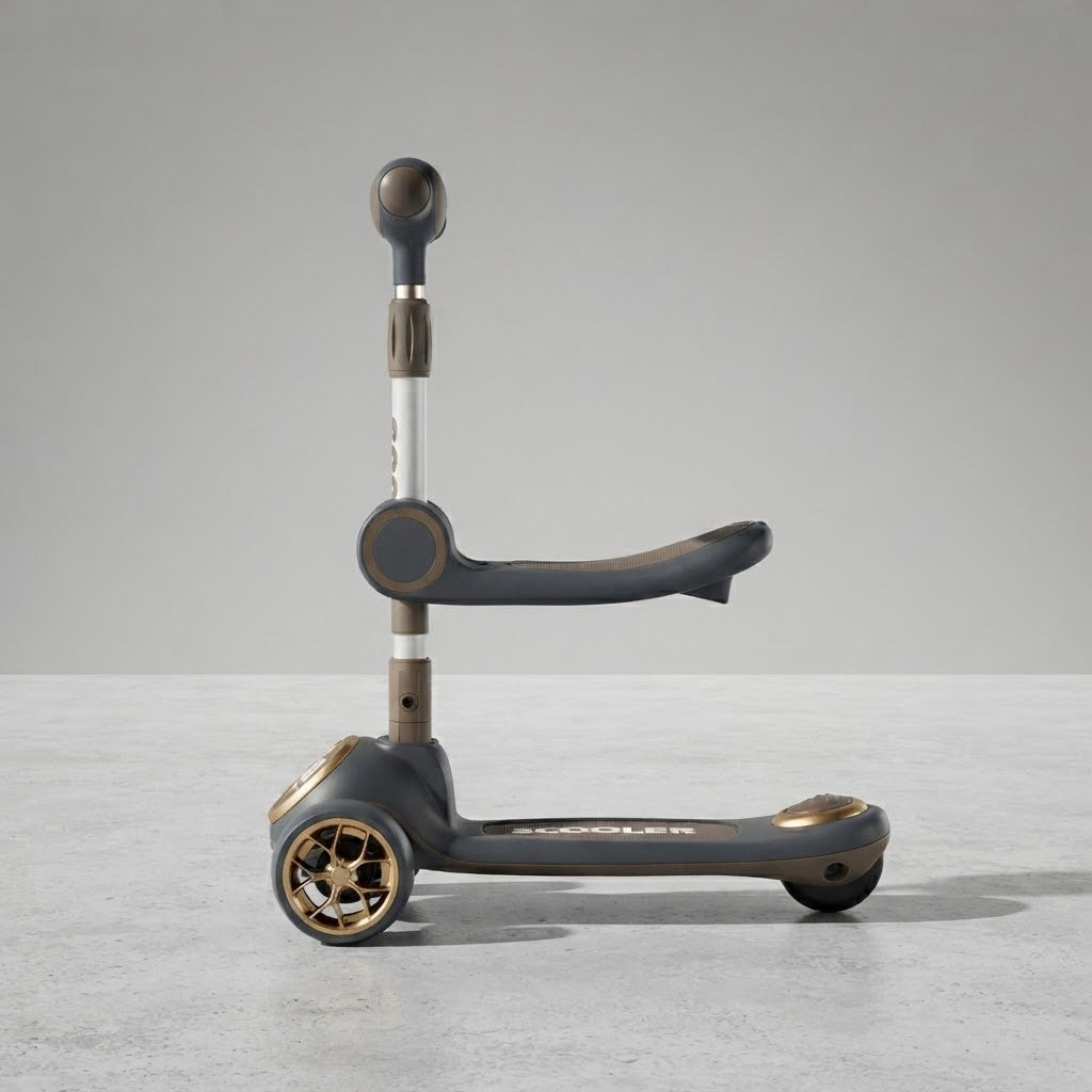 Side view of sporty racing-style kids scooter with seat