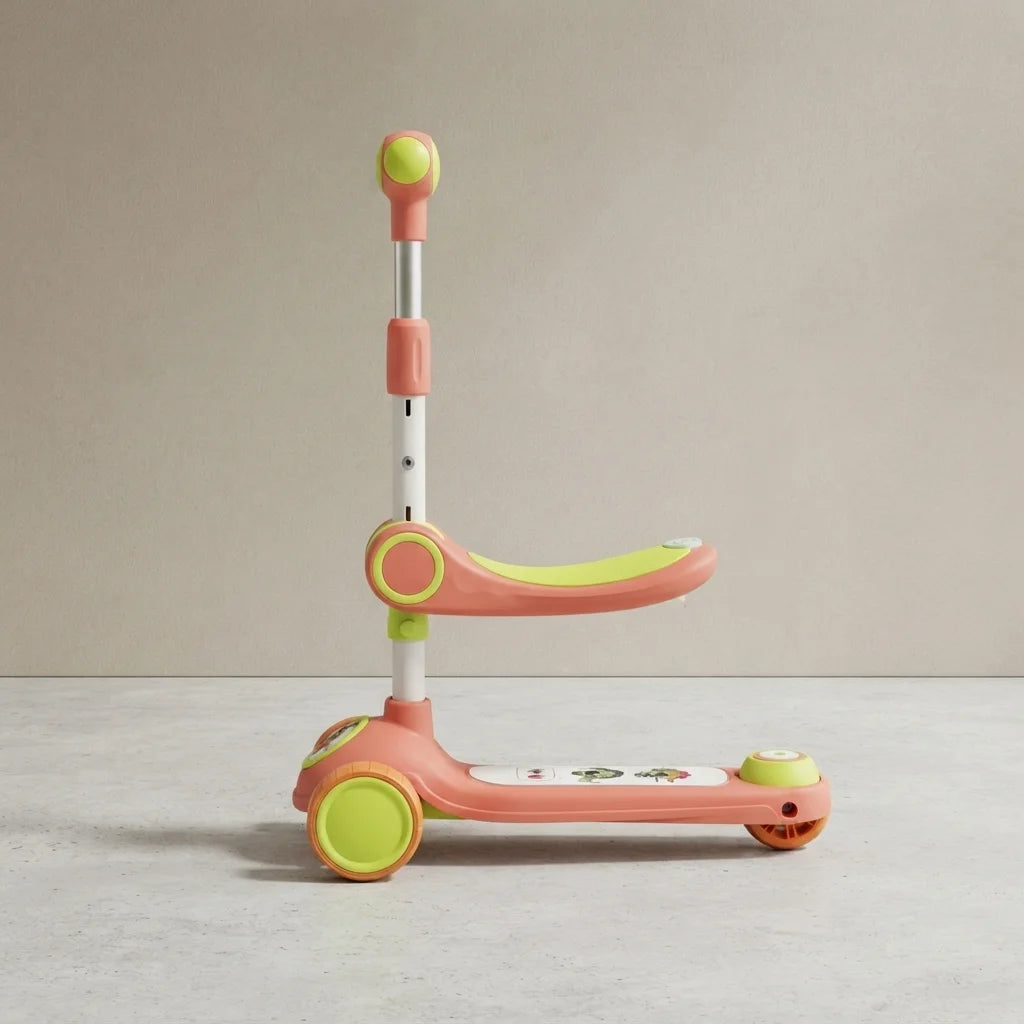 Side view of kids scooter with seat, adjustable handlebar and 3 wheels