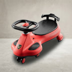 Red kids twist swing car ride-on toy, angled view