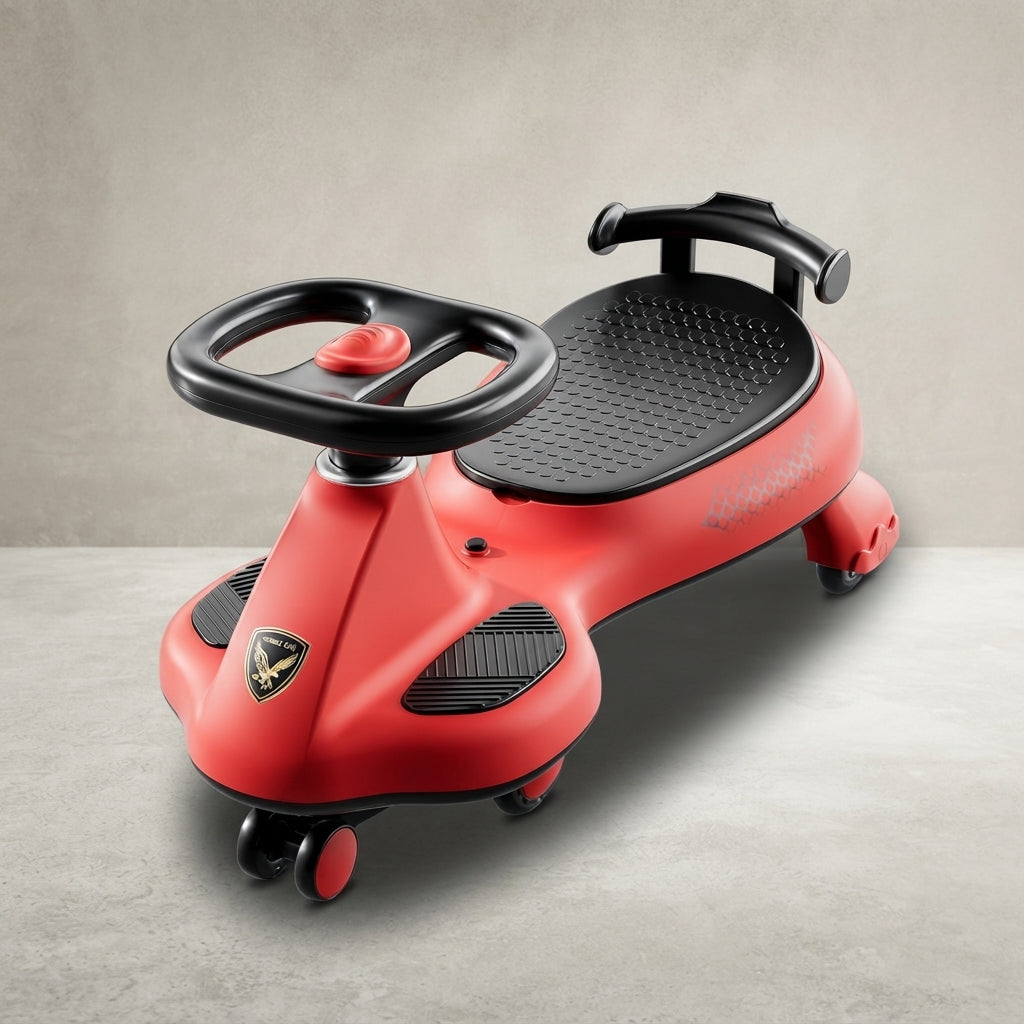 Red kids twist swing car ride-on toy, angled view