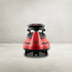 Front view of red kids twist swing car with steering wheel