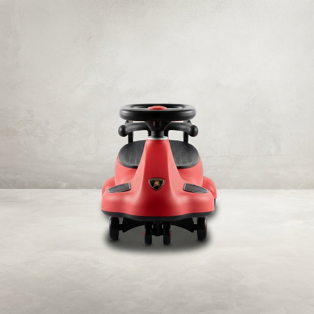 Front view of red kids twist swing car with steering wheel