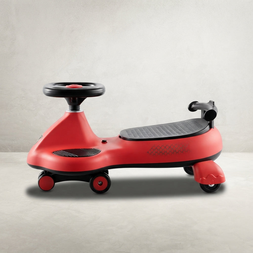 Red kids twist swing car with steering wheel, side view