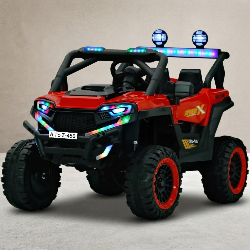 Red kids electric UTV buggy with LED lights, angled view
