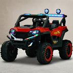 Red kids electric UTV buggy with LED lights, angled view
