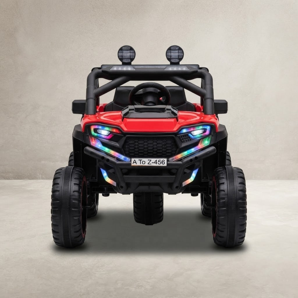 Front view of red ride-on UTV with LED light strips