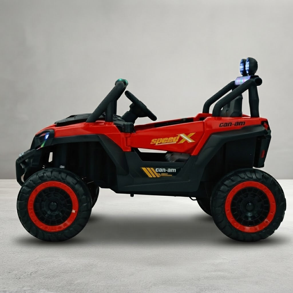 Side view of red off-road buggy with roll cage and rugged tires