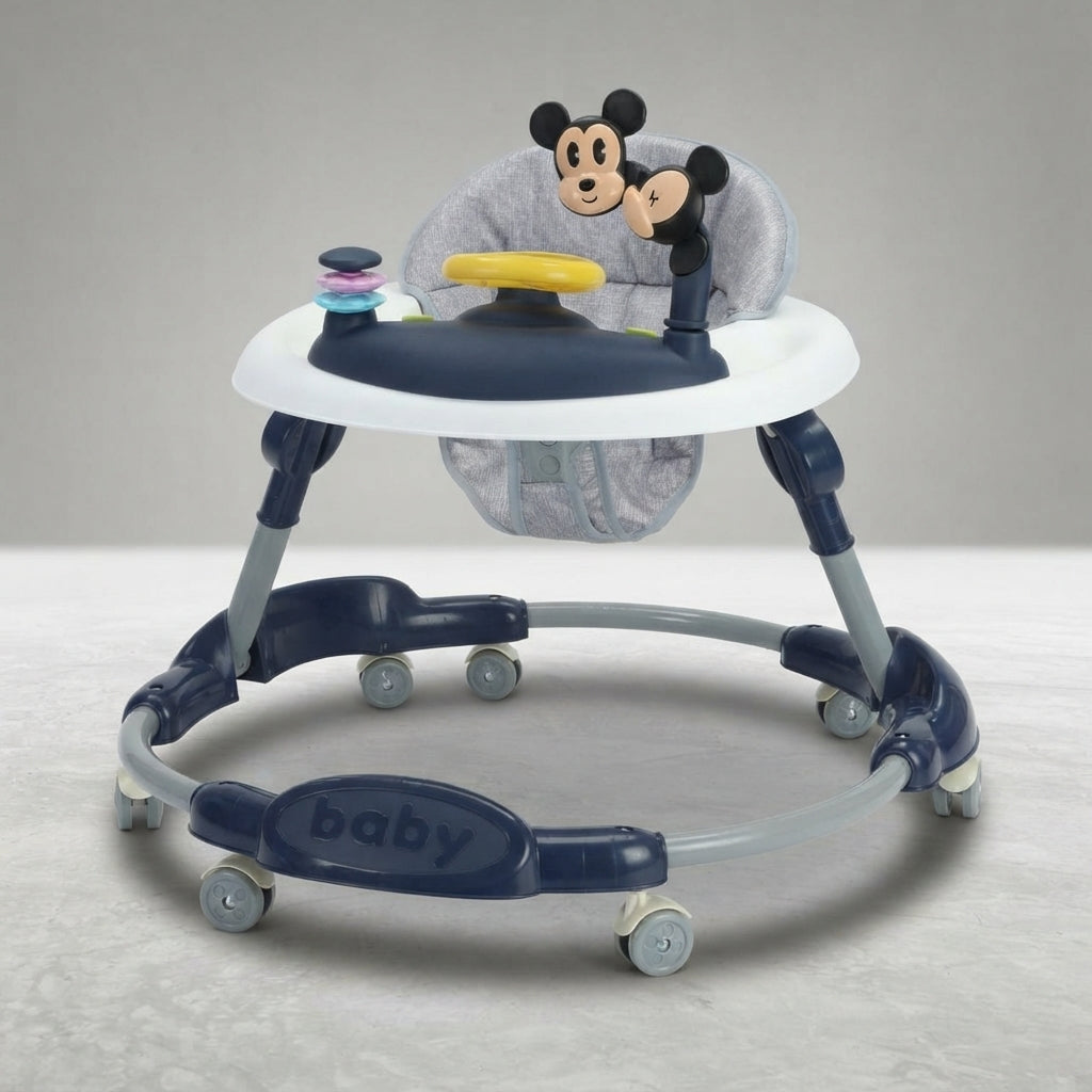 Angled view of navy blue baby walker with Mickey Mouse toy