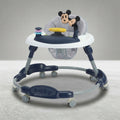 Angled view of navy blue baby walker with Mickey Mouse toy
