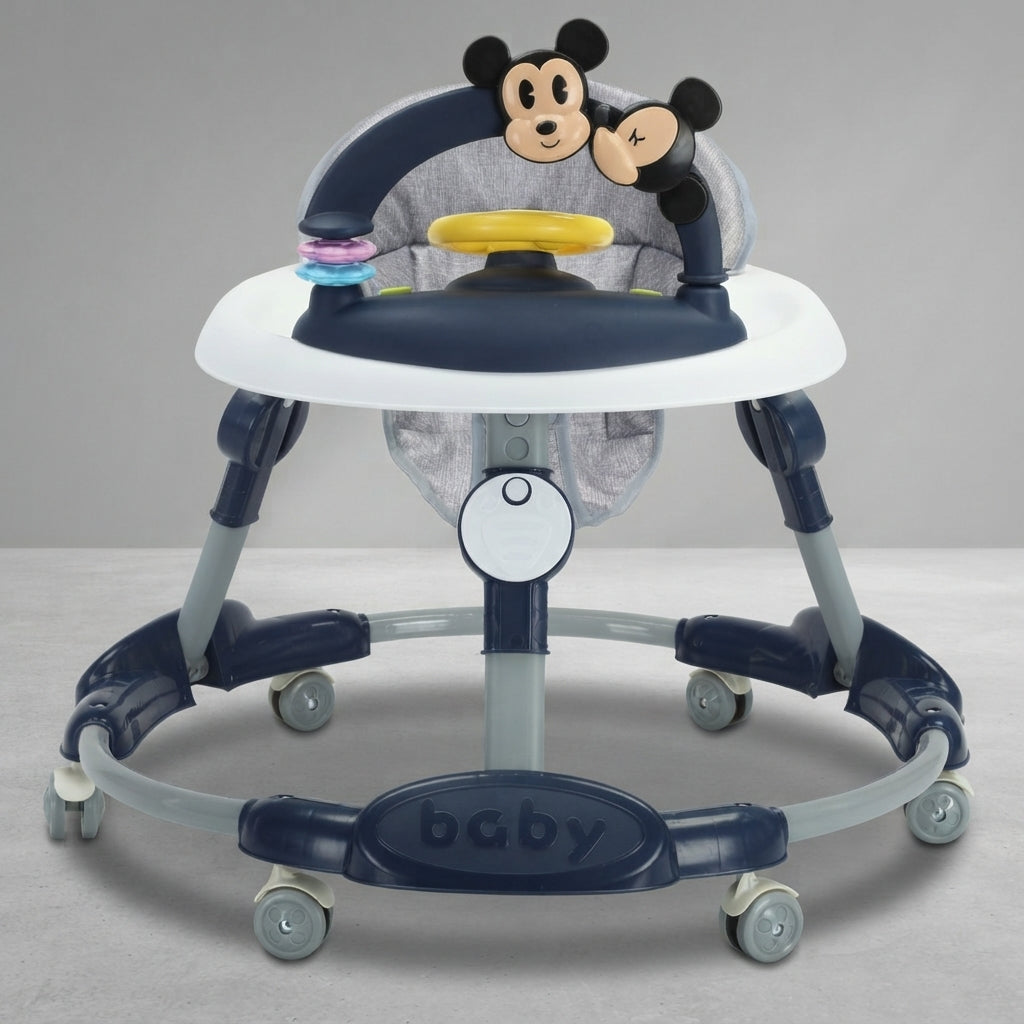 Navy blue Mickey Mouse baby walker with toy tray, front view