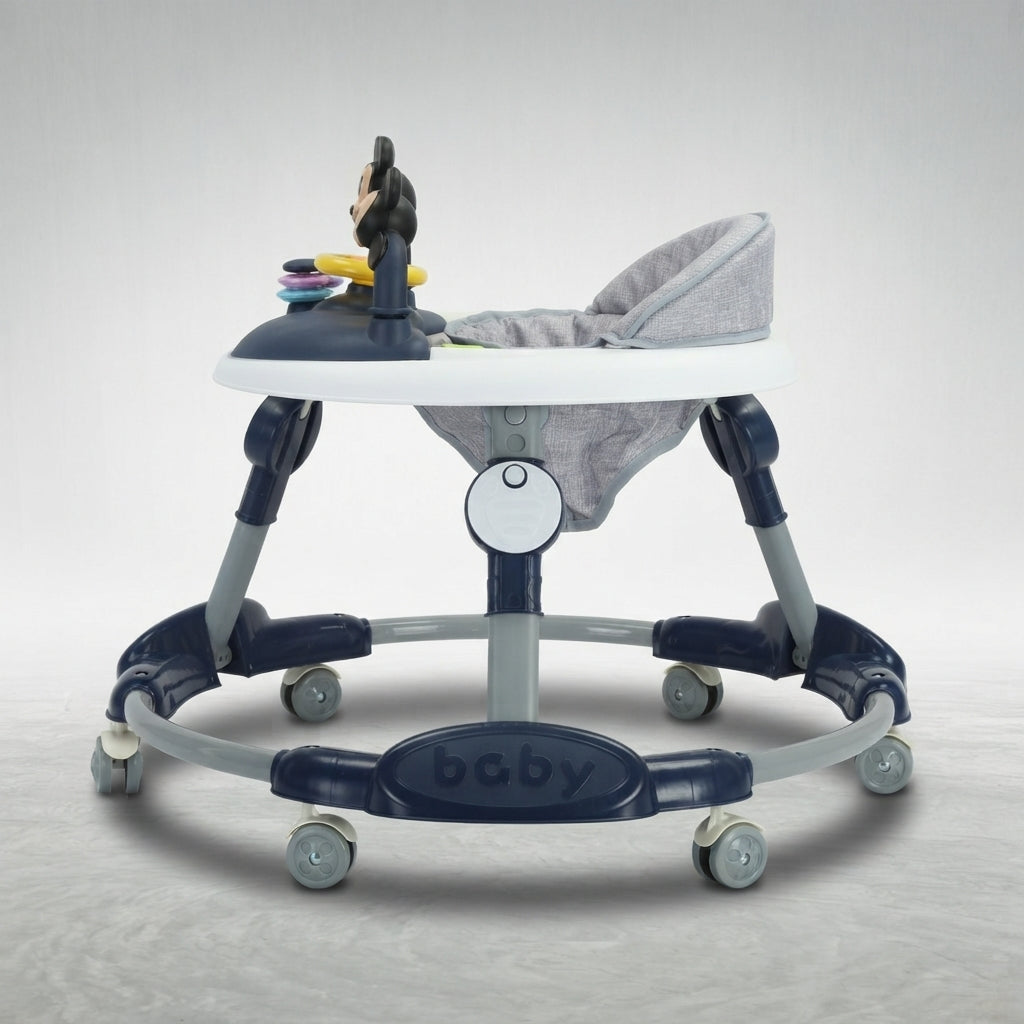 Side view of Mickey Mouse baby walker showing padded seat and wheels