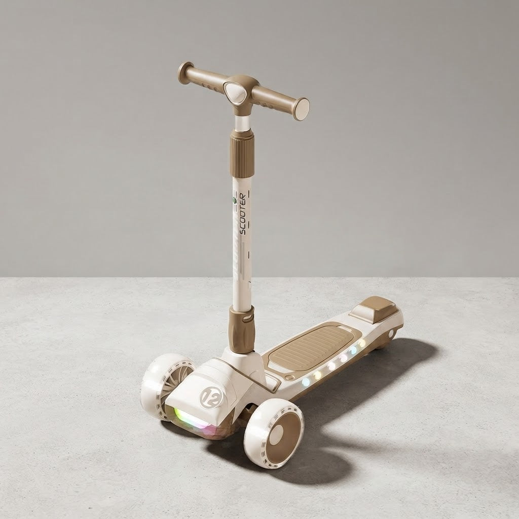 Angled view of premium kids scooter with LED lights on deck