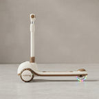Cream and wood-tone kids scooter folded, side view with LED wheel