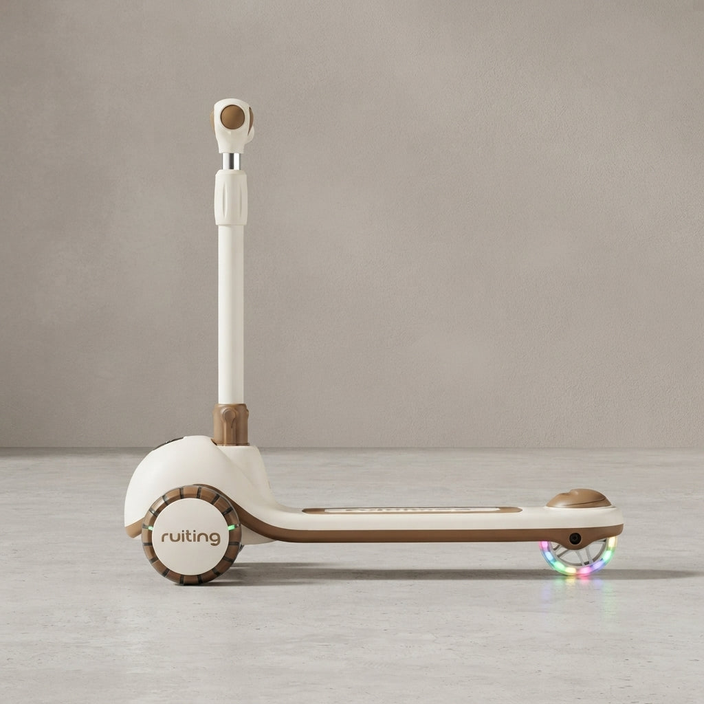 Cream and wood-tone kids scooter folded, side view with LED wheel
