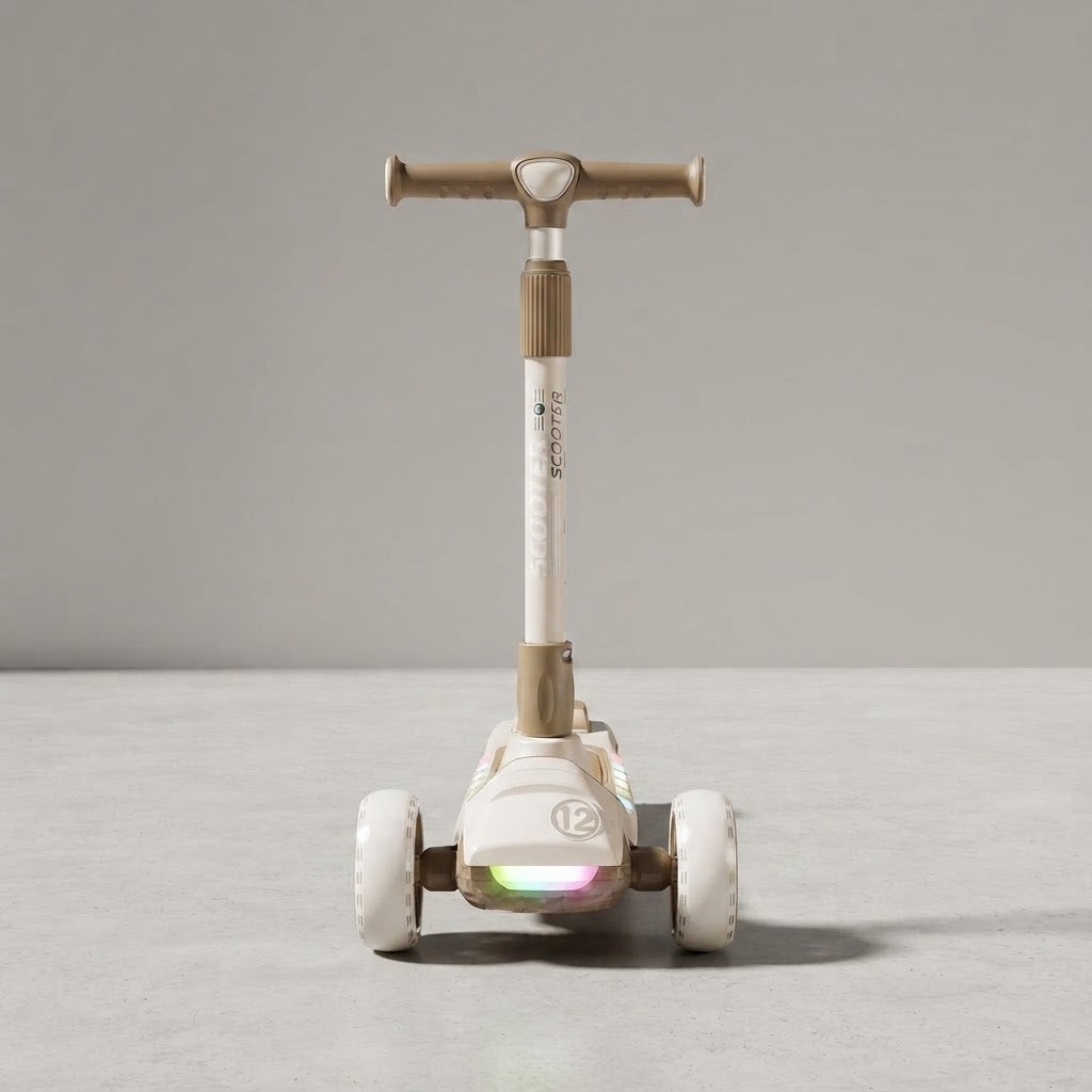 Front view of cream kids scooter with LED front wheel light
